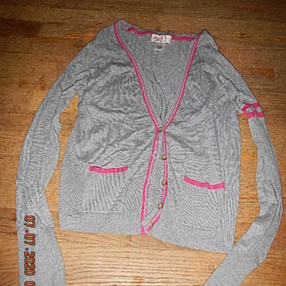 Women's gray cardigan with hot pink ribbing- Juniors size L
